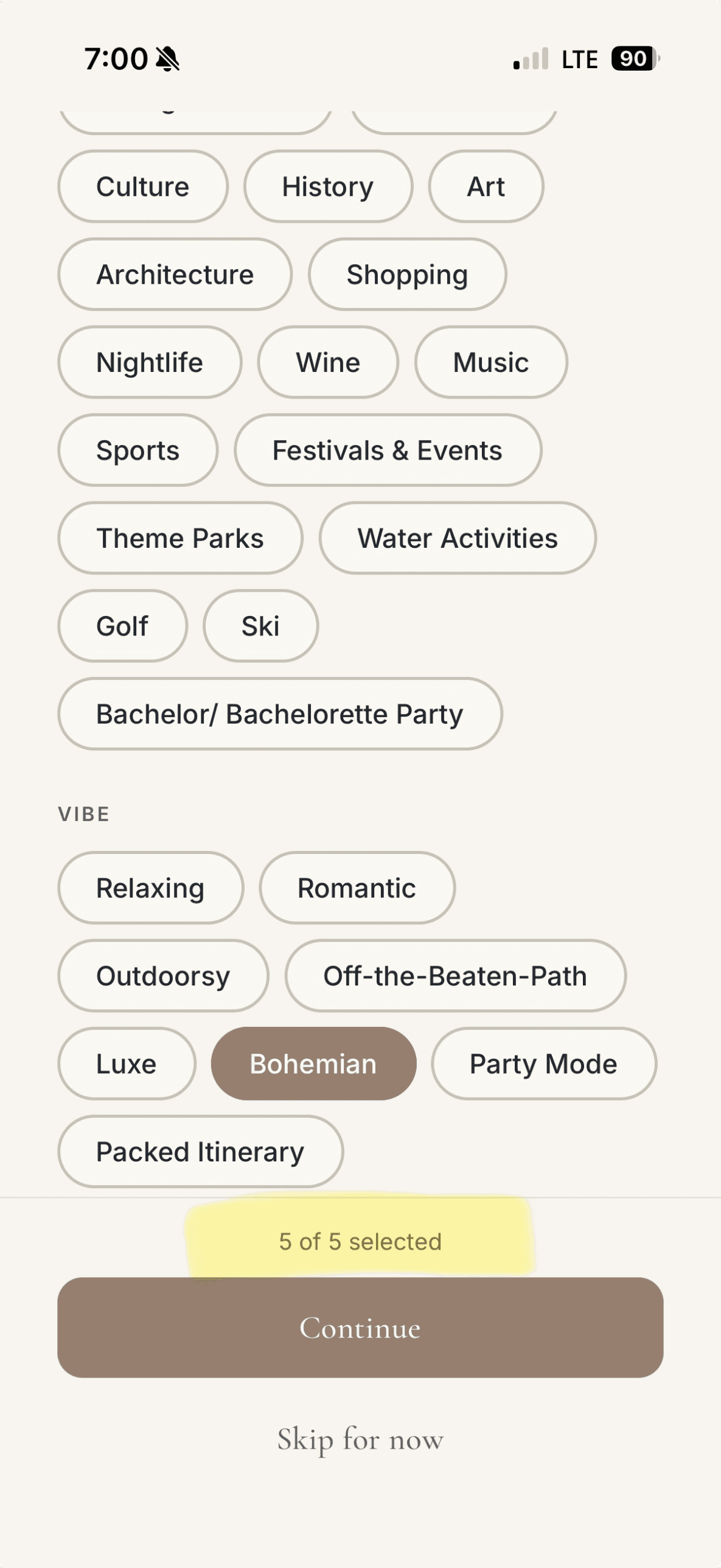 The onboarding interest picker with category and Vibe choices, and "5 of 5 selected" highlighted above Continue.