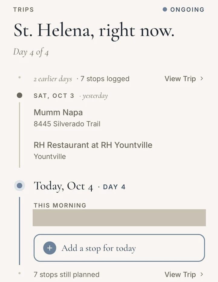 The Ongoing Trip summary at the top of the Trips tab, with earlier days, yesterday's stops, today's stops and stops still planned.