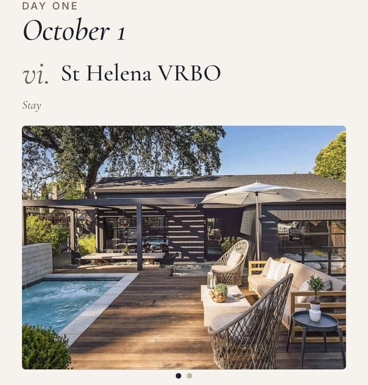 A trip entry for a rental home with a two-photo strip and page dots, from the Experience tab.