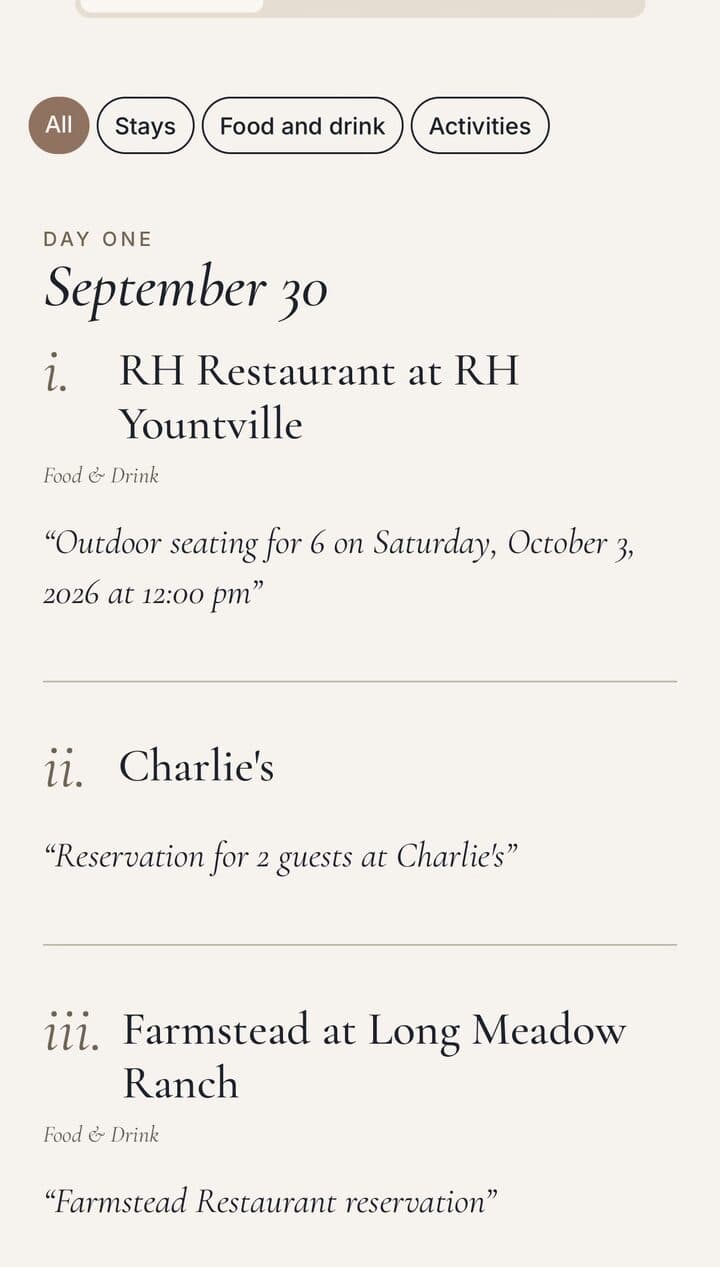 The Experience tab of the trip, with three restaurant reservations listed under Day One, September 30.