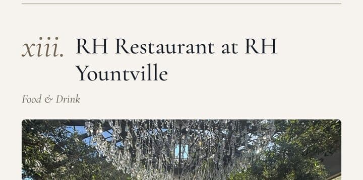 The October 3 entry for RH Restaurant at RH Yountville in the trip list, with the top of its photo.