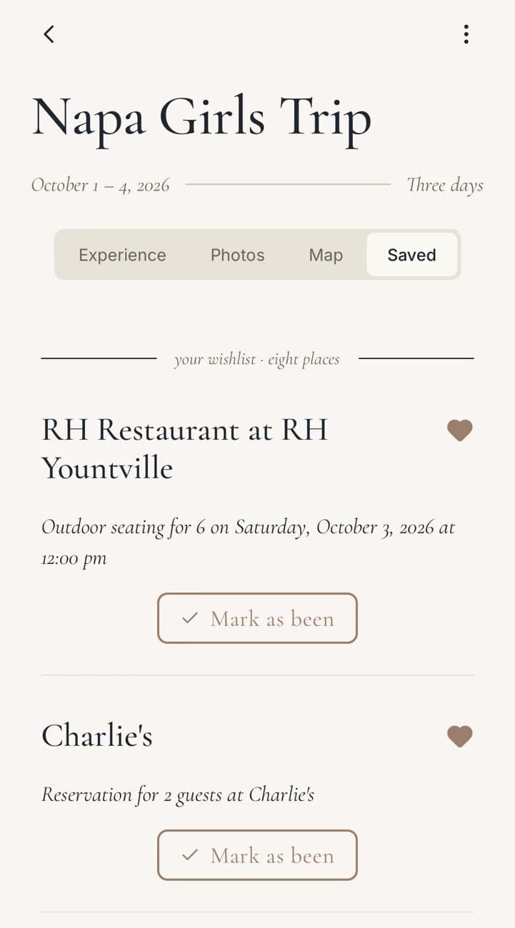 The Saved tab of the trip, listing saved restaurants, each with a filled heart and a Mark as been button.