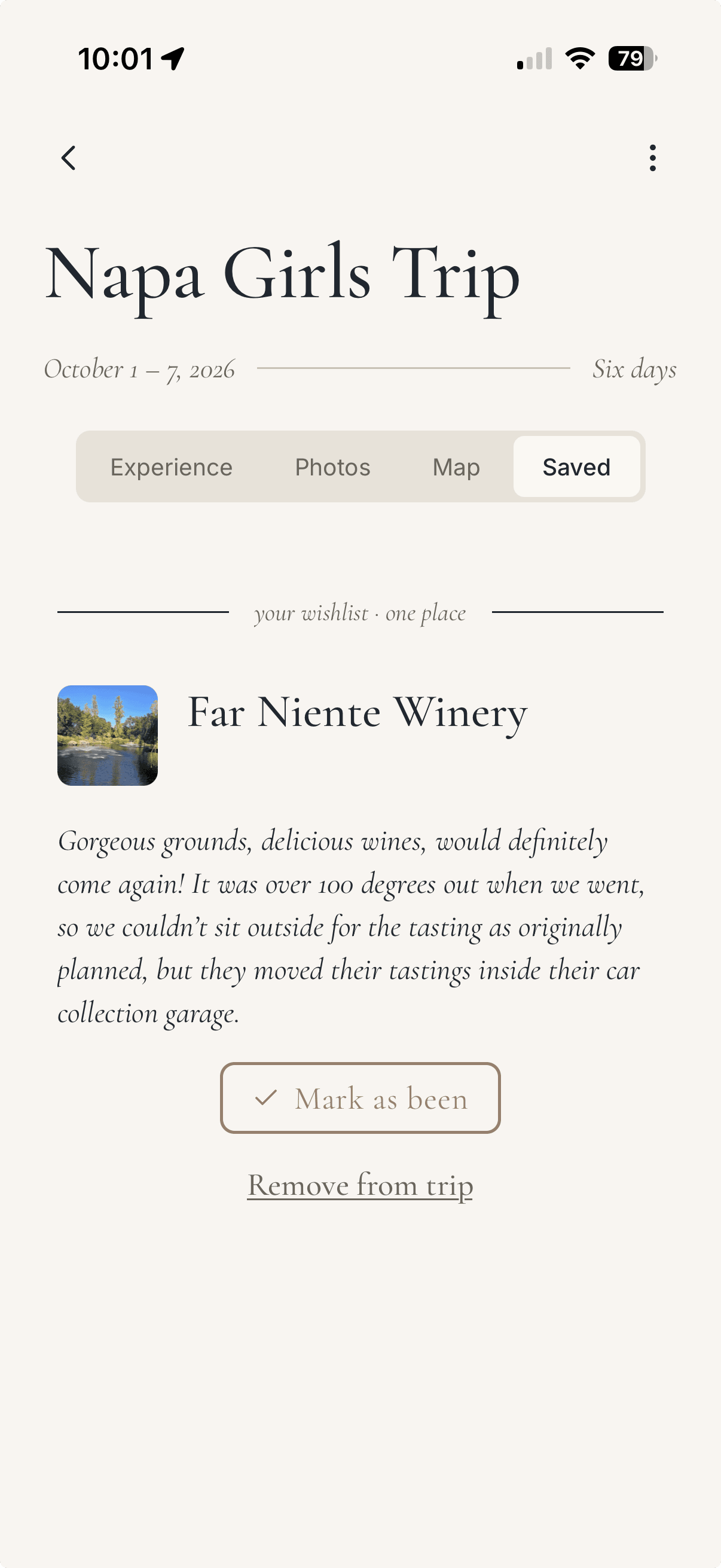 Far Niente Winery in the trip's Saved tab with a photo, review and Mark as been action.