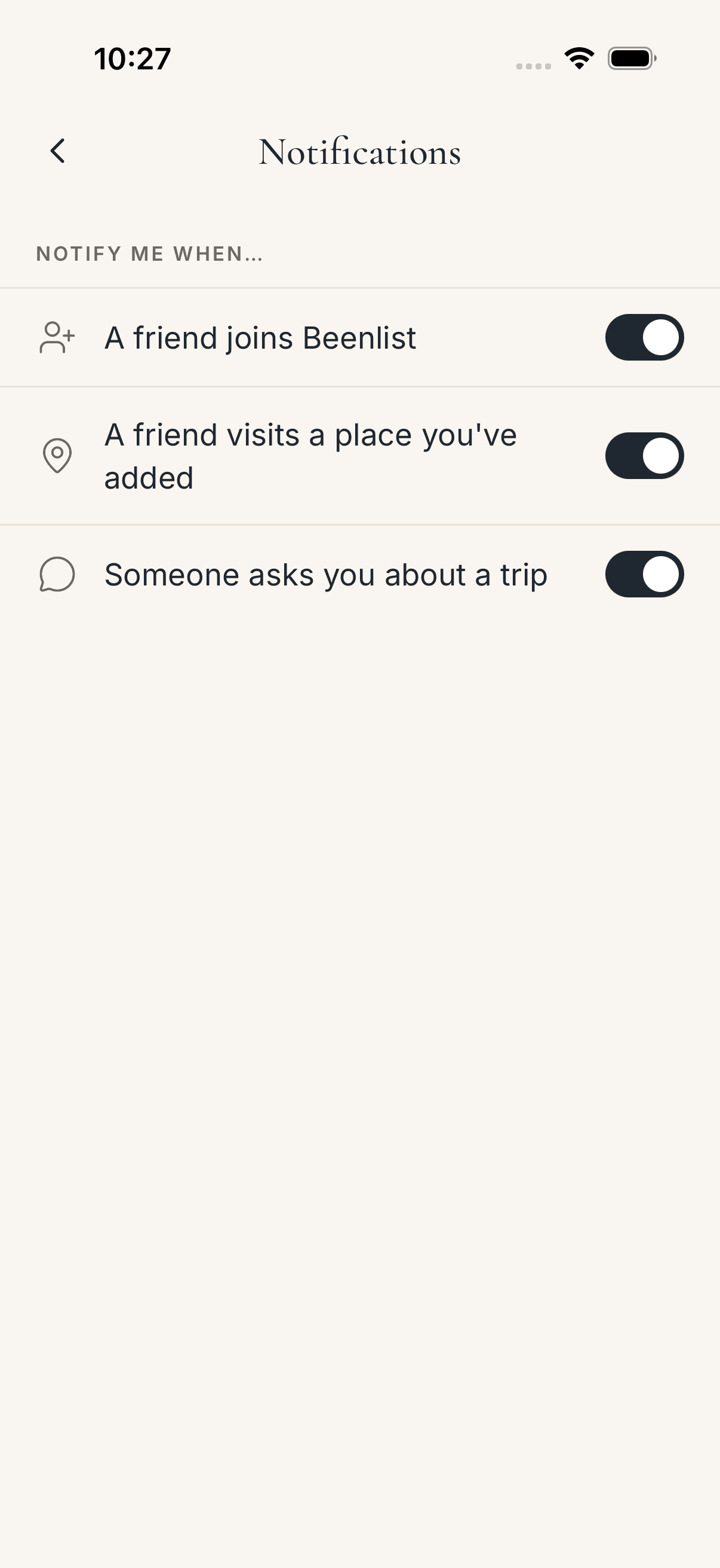 The updated notification preference in Settings with a map pin and the label A friend visits a place you've added.