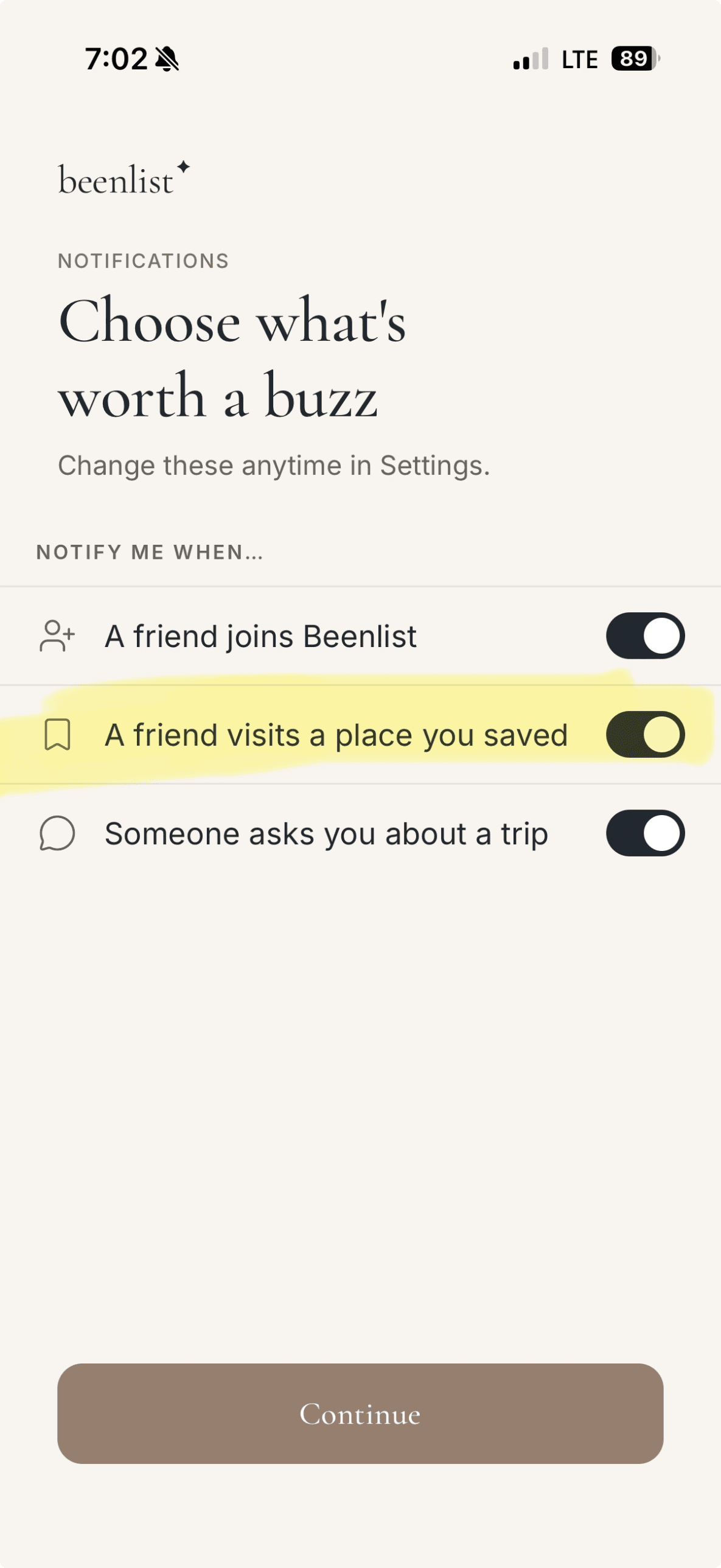 The notification preferences screen with "A friend visits a place you saved" and its bookmark icon highlighted.