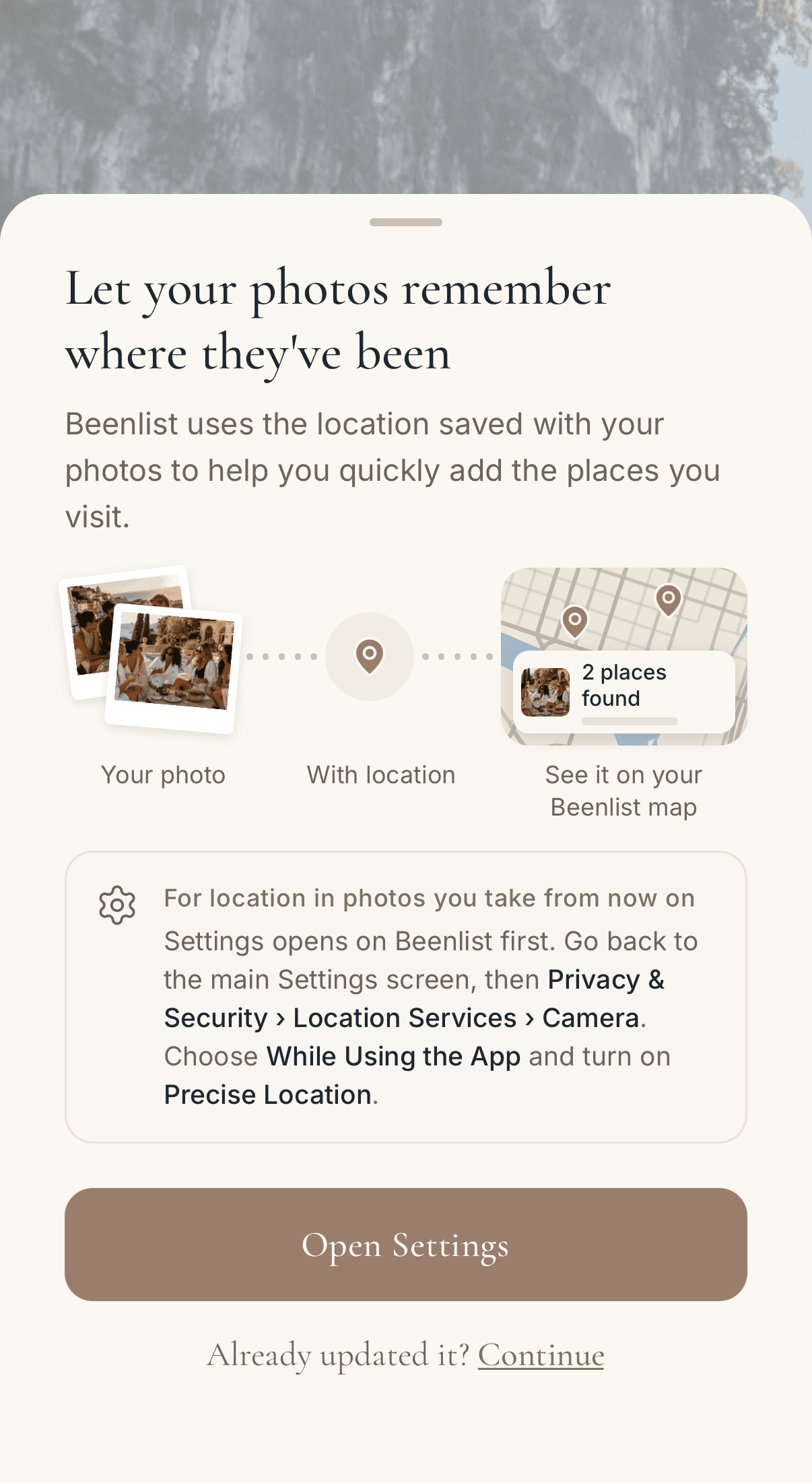 The implemented native photo-location screen with two photo cards, dotted connectors, location pins, the Beenlist map and Settings instructions.