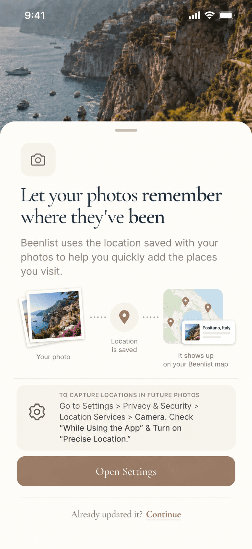 Roxy's proposed photo-location screen with a photo, dotted connectors, a location pin, a map and a compact Settings instruction card.
